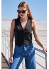 6794 Çizgili Dokuma Yelek - Siyah