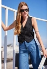 6794 Çizgili Dokuma Yelek - Siyah