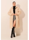 9132 Kapüşonlu Peluş Kaban - Krem