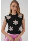 930 Kısa Kol Desenli Crop Bluz - Siyah