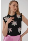930 Kısa Kol Desenli Crop Bluz - Siyah