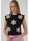 930 Kısa Kol Desenli Crop Bluz - Siyah