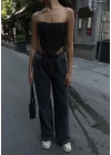 Arkadan Yırtmaçlı Jeans Kot Palazzo Pantolon - Siyah