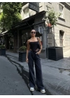Arkadan Yırtmaçlı Jeans Kot Palazzo Pantolon - Siyah