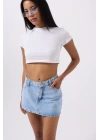 Asimetrik Bel Denim Mini Etek