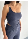 Asimetrik Crop Pantalon Ikili Takım - Lacivert