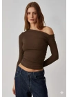 Asimetrik yaka bluz kahve pt
