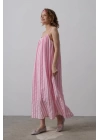 Askılı Çizgi Desen Elbise - Pembe