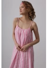 Askılı Çizgi Desen Elbise - Pembe