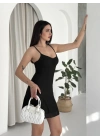 Askılı Mini Elbise Drapeli Göğüs Detay Likralı Yazlık Fit - Siyah