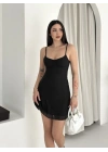 Askılı Mini Elbise Drapeli Göğüs Detay Likralı Yazlık Fit - Siyah