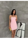 Askılı Şifon Mini Elbise Drapeli Bel Vücuda Oturan Yazlık Şık - Pembe