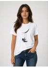 Astronot Ay Temalı Tişört Kısa Kol Yazlık Bisiklet Yaka T-Shirt - Beyaz