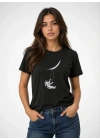 Astronot Ay Temalı Tişört Kısa Kol Yazlık Bisiklet Yaka T-Shirt - Siyah