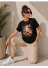 Balkabağı Hayalet Baskılı Tişört Kısa Kol Yazlık T-Shirt - Siyah