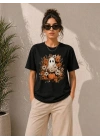 Balkabağı Hayalet Baskılı Tişört Kısa Kol Yazlık T-Shirt - Siyah