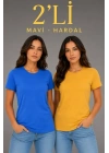 Basic Bisiklet Yaka Yazlık Slim Fit T-Shirt - Mavi - Hardal Sarısı