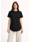 Basic T-Shirt Kısa Kol Bisiklet Yaka Oval Kesim Tişört - Siyah