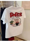 Baskılı Oversize Bisiklet Yaka T-shirt - Beyaz