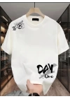 Baskılı Oversize Bisiklet Yaka T-shirt - Beyaz
