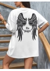 Baskılı Oversize Bisiklet Yaka T-shirt - Beyaz
