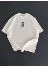 Baskılı Oversize Bisiklet Yaka T-shirt - Beyaz