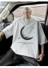 Baskılı Oversize Bisiklet Yaka T-shirt - Beyaz