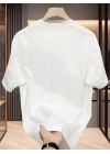 Baskılı Oversize Bisiklet Yaka T-shirt - Beyaz
