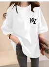 Baskılı Oversize Bisiklet Yaka T-shirt - Beyaz