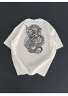 Baskılı Oversize Bisiklet Yaka T-shirt - Beyaz