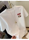 Baskılı Oversize Bisiklet Yaka T-shirt - Beyaz