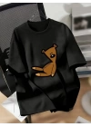 Baskılı Oversize Bisiklet Yaka T-shirt - Siyah