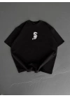 Baskılı Oversize Bisiklet Yaka T-shirt - Siyah