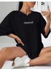 Baskılı Oversize Bisiklet Yaka T-shirt - Siyah