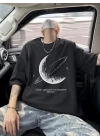 Baskılı Oversize Bisiklet Yaka T-shirt - Siyah