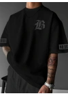 Baskılı Oversize Bisiklet Yaka T-shirt - Siyah