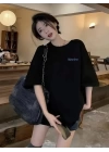 Baskılı Oversize Bisiklet Yaka T-shirt - Siyah