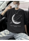 Baskılı Oversize Bisiklet Yaka T-shirt - Siyah