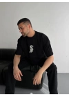 Baskılı Oversize Bisiklet Yaka T-shirt - Siyah