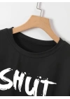 Baskılı Oversize Bisiklet Yaka T-shirt - Siyah
