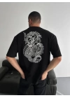 Baskılı Oversize Bisiklet Yaka T-shirt - Siyah