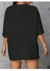 Baskılı Oversize Bisiklet Yaka T-shirt - Siyah