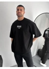 Baskılı Oversize Bisiklet Yaka T-shirt - Siyah