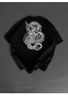 Baskılı Oversize Bisiklet Yaka T-shirt - Siyah