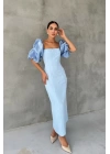 Bebe Mavi İşlemeli Kolu Garnili Elbise