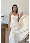 Bej Göğüs Kuplu Uzun Büzgülü Elbise