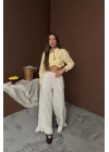 Bej Paçası Fırfırlı Keten Pantolon