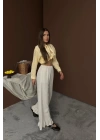 Bej Paçası Fırfırlı Keten Pantolon