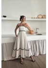 Bej Şerit Detay Keten Elbise