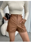Beli lastikli deri şort kahve H24605